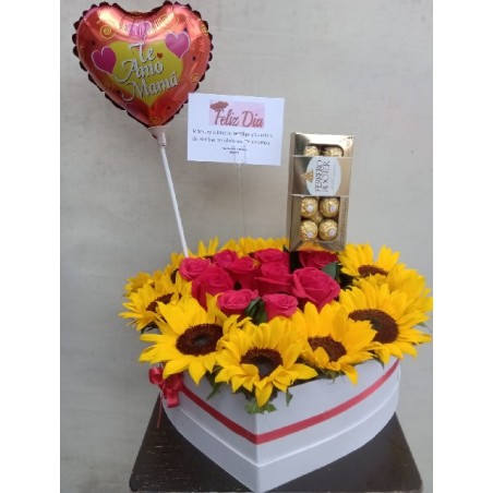 Caja corazón en girasoles y rosas